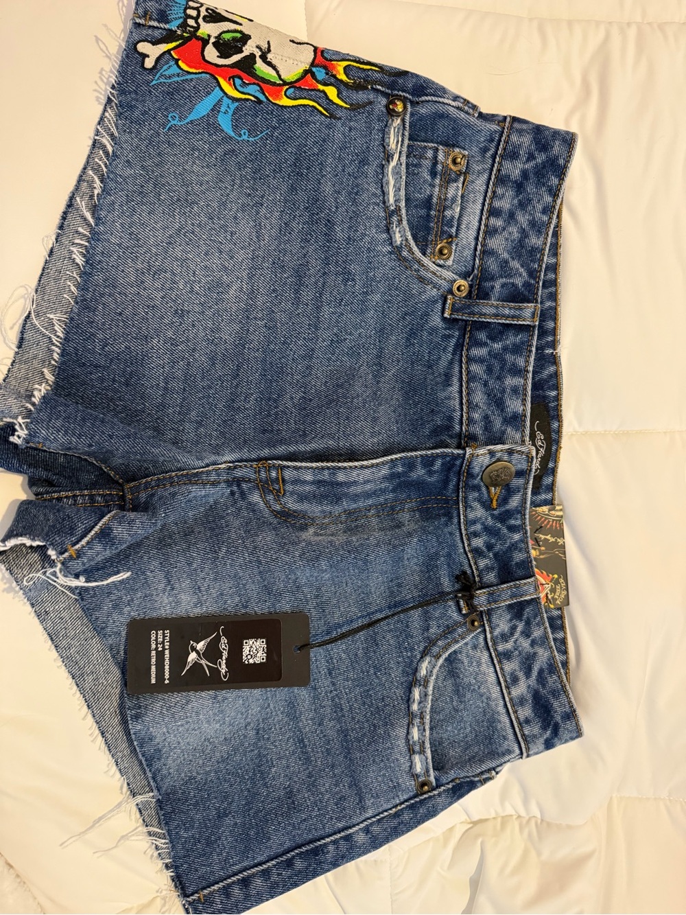 Ed Hardy Blue Denim Shorts with Colorful Skull Patch